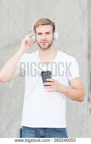 Coffee Consumption Makes Him Happier. Handsome Man Drink Coffee To Go Paper Cup. Cafe Concept. Coffe