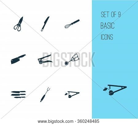 Kitchenware Icons Set With Dinner Knife, Chopping Knife, Casing Fork And Other Ice Cream Scoop Eleme
