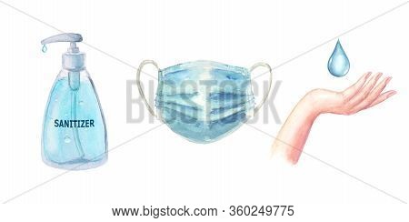 Virus Protection Set With Hand Drawn Watercolor Face Mask, Hand, Water Drop, Sanitizer Gel For Hands