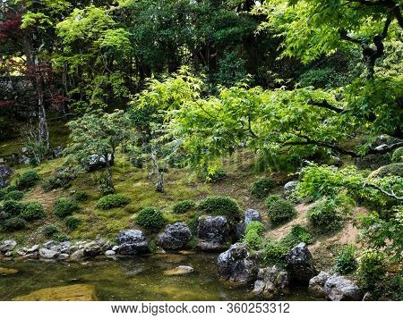 Kochi, Japan - April 6, 2018: Traditional Japanese Garden On The Grounds Of Chikurinji, Temple Numbe
