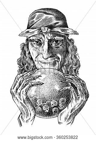 Scary Witch With A Magic Crystal Ball. Old Woman Or Crone. Ancient Mythical Characters Set. Engraved