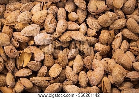 Inshell Almonds Close-up. A Source Of Protein For Healthy Eating