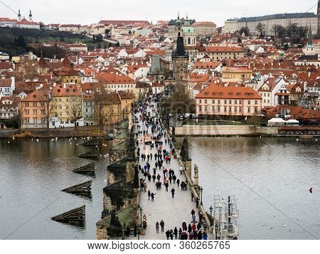 Prague, Czech Republic - December 12, 2018: View Of Lesser Town And Charles Bridge From Old Town Bri
