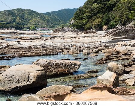 Sandstone Rock Formations At Tatsukushi Coast - A Natural Scenic Landmark Near Tosashimizu, Kochi Pr