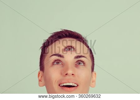 Happy Woman With 3 Third Eye Looking Up To Copy Space Concentrating Thinking With Mind And Heart Int