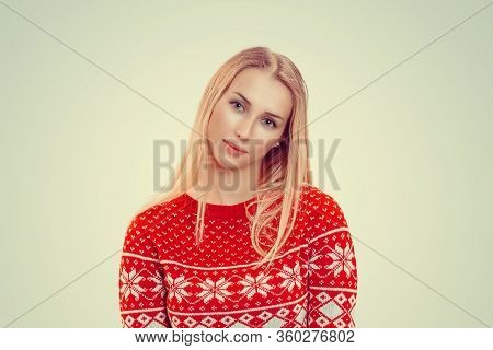 Woman In Pullover. Closeup Portrait Beautiful Young Cute Pretty Woman Fashion Girl In Red Woolen Swe