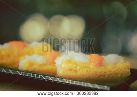Traditional Japanese Omelette With Rice And Ebiko On Top. Selective Focus