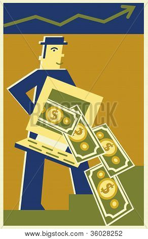 ein Mann halten einen Computerbildschirm mit Geld aus ihm heraus kommt