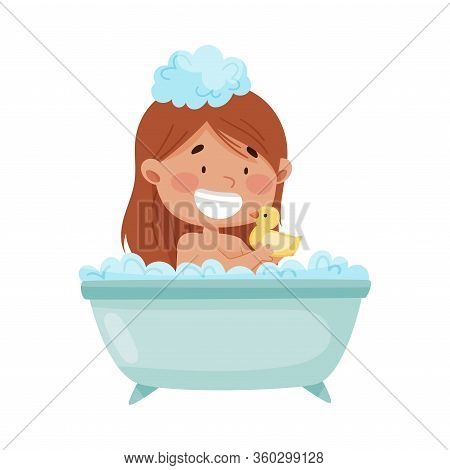 Cheerful Girl Taking A Bath Sitting In Bathtub And Playing With Yellow Duck Vector Illustration