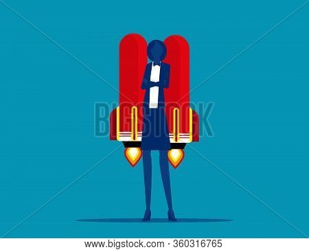 Businesswoman And A Rocket Suit To Lift. Business Successful Concept.
