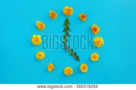Cup Of Herbal Tea Over Blue Paper  Background Decorated With Yellow Dandelions Flowers And Green Lea