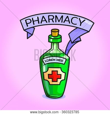 Old Vintage Pharmacy Potion Bottle With Label. Medicine Theme In Vector Illustration