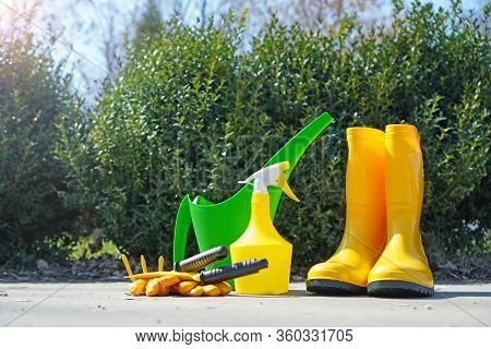 Yard Care. Garden Tools At The House Yard. Spring Garden Works.