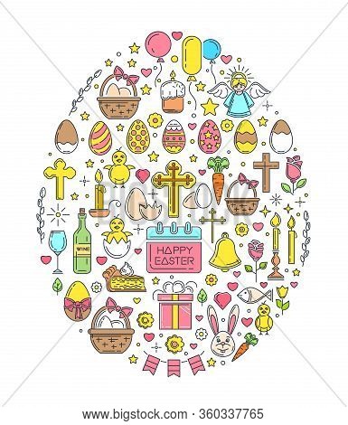 Easter Line Icon Set. Colored Easter Symbols Collection. Colored Icons Arranged In The Shape Of An E