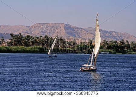 Felluca Style Boats Sailing On A River With Lush Green Trees On The Riverbank