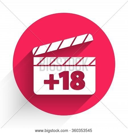 White Movie Clapper With 18 Plus Content Icon Isolated With Long Shadow. Age Restriction Symbol. Adu