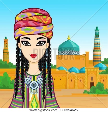 Animation Portrait Of A Beautiful Girl In Ancient National Clothes And Jewelry. Central Asia. Backgr