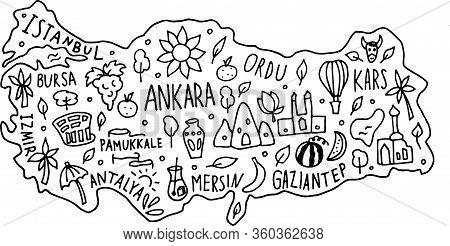 Hand Drawn Doodle Turkey Map. Turkish City Names Lettering And Cartoon Landmarks, Tourist Attraction