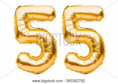 Number 55 Fifty Five Made Of Golden Inflatable Balloons Isolated On White. Helium Balloons, Gold Foi