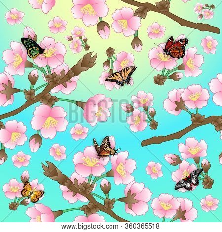 Illustration Of Pattern With Cherry Blossom Branches And Colorful Butterflies