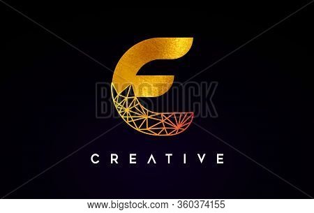E Golden Letter Design Logo Icon With Gold Textire And Origami Wireframe.