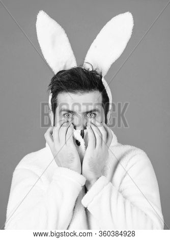 Cute Bunny. Man Handsome Face Wear White Bunny Ears. Easter Bunny. White Bunny Symbol Of Easter Holi