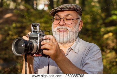 Landscape Nature Photo. Old Photographer Filming. Make Perfect Frame. Manual Settings. Pension Hobby