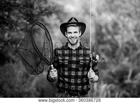 Gone Fishing. Fisherman With Fishing Rod. Happy Man In Cowboy Hat. Western Portrait. Vintage Style M