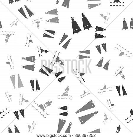 Set Rubber Flippers For Swimming, Rubber Flippers For Swimming, Shark Fin In Ocean Wave And Floating