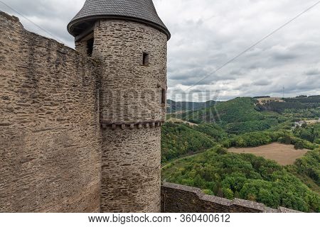 View At Tower Ruin Medieval Castle Bourscheid In Luxembourg