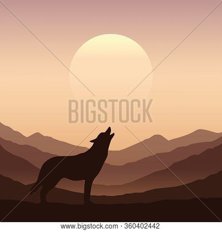 Wolf Howls At Full Moon Brown Mountain Nature Landscape Vector Illustration Eps10
