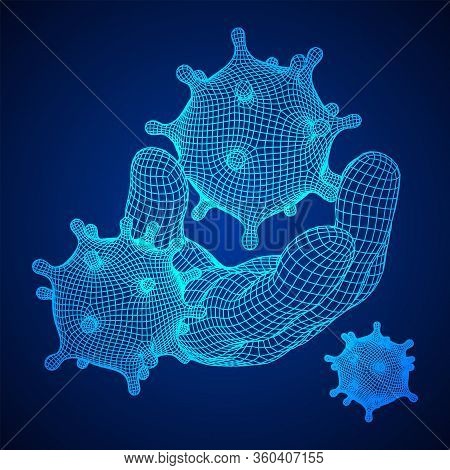 Human Arm Hand With Corona Virus Virion Of Coronavirus. Connection Structure. Vector Low Poly Wirefr