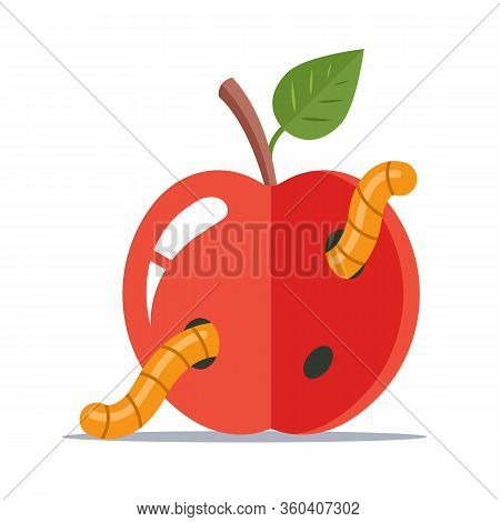Wormy Red Apple With A Green Leaf. Flat Vector Illustration.