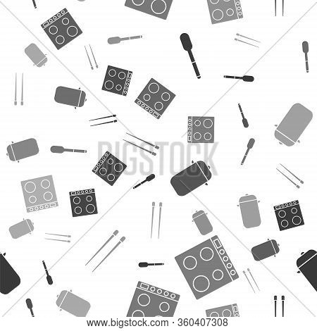 Set Spoon, Gas Stove, Cooking Pot And Food Chopsticks On Seamless Pattern. Vector