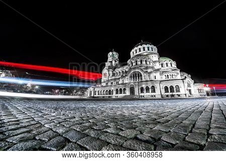 Night Shot Of Alexander Nevsky Cathedral In Sofia, Bulgaria