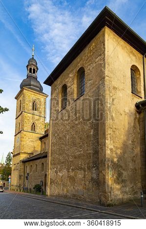 View Of Ancient St. James (jakobskirche) Church On Empty Street Of Bamberg Medieval Town , Bavaria, 