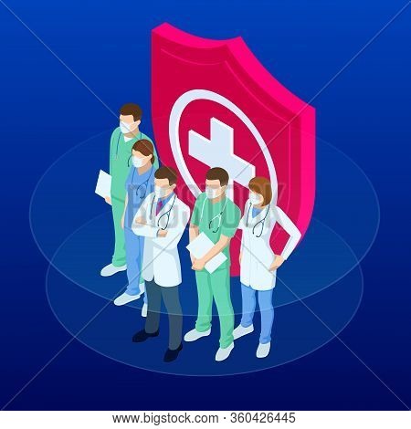 Isometric Doctors And Nurses In A Medical Mask, Protecting Health And Life Concept. Thank You Doctor