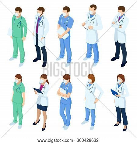 Isometric Set Of Doctors And Nurses Characters In White Medical Face Mask. Coronavirus 2019-ncov. Va
