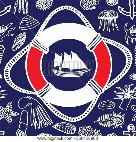 Nautilus Seamless Repeating Pattern With Big Life Ring With Ship In The Middle With Ocean Symbols - 