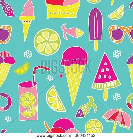 Vector Different Ice Cream Pattern. Seamless Turquoise Vintage Colors Background.
