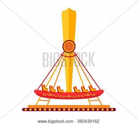 Boat Carousel In Amusement Park Flat. Colorful Childrens Riding Ship, Swing Cartoon Style. Attractio