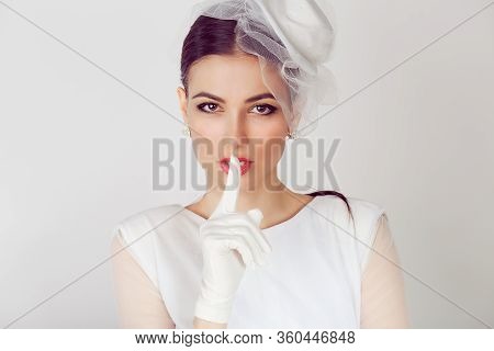 Bride Shh Woman Wide Eyed Asking For Silence Secrecy With Finger On Lips Hush Hand Gesture White Bac