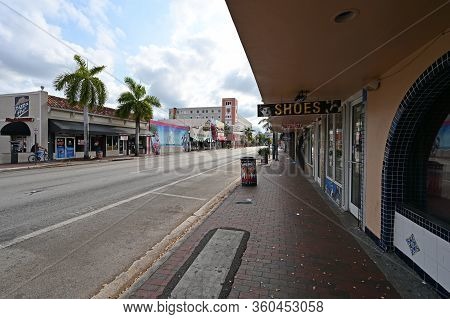 Miami, Florida - April 5, 2020 - Calle Ocho - Eigth Street - Devoid Of People Under Covid-19 Hotel, 