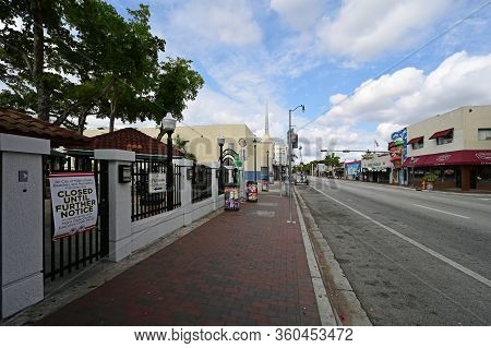 Miami, Florida - April 5, 2020 - Calle Ocho - Eigth Street - Devoid Of People Under Covid-19 Hotel, 