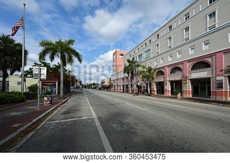 Miami, Florida - April 5, 2020 - Calle Ocho - Eigth Street - Devoid Of People Under Covid-19 Hotel, 