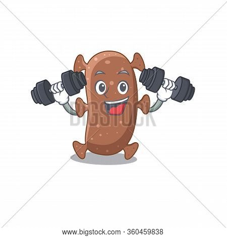 Mascot Design Of Smiling Fitness Exercise Actinomyces Israelii Lift Up Barbells