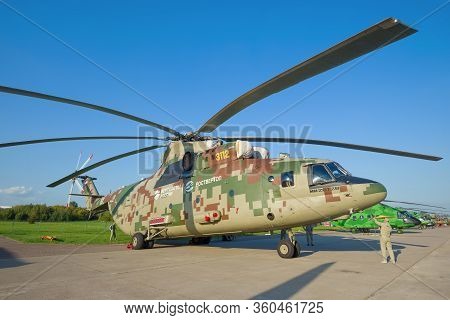 Zhukovsky, Russia - August 30, 2019: New Russian Heavy Multi-purpose Transport Helicopter Mi-26t2v O