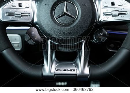 Novosibirsk/ Russia - April 06, 2020: Mercedes-benz Gle-class,black Steering Wheel With Multifunctio