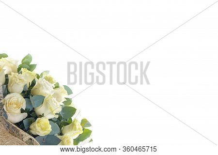 Bouquet Of White Roses, Eucalyptus And Ruscus On A White Isolated Background, Side View. A Holiday, 