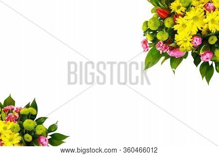 A Colorful Bouquet Of Pink And Red Tulips, Yellow And Shrub Chrysanthemums, Ruskus. A Holiday, A Gif